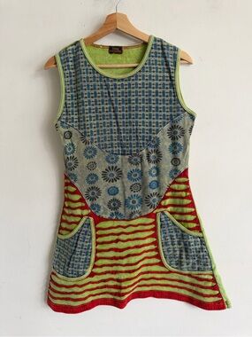 Rising International Multicolor Patchwork Mini Dress in Green & Red